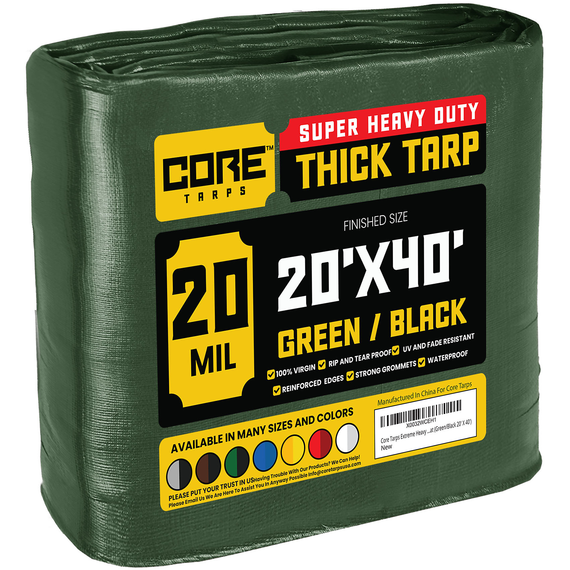 Core Tarps Extreme Heavy-Duty Poly Tarpaulin — 20 Mil, Waterproof, UV Resistant, Rip and Tear Proof, Reinforced Edges, Green/Black, 20ft. x 40ft., Model# CT-703-20X40